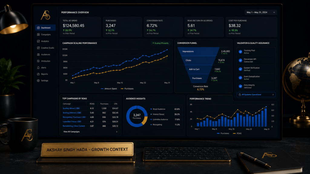 Performance marketing dashboard showing campaign growth, ROAS, conversion funnel and audience insights