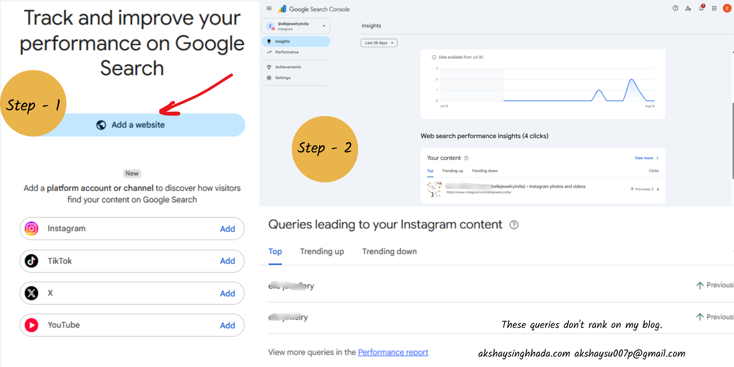 Step by step screenshot flow of adding an Instagram platform property inside Google Search Console